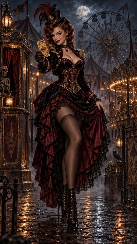 Gothic female circus ringmaster holds a tarot card at a spooky moonlit dark carnival