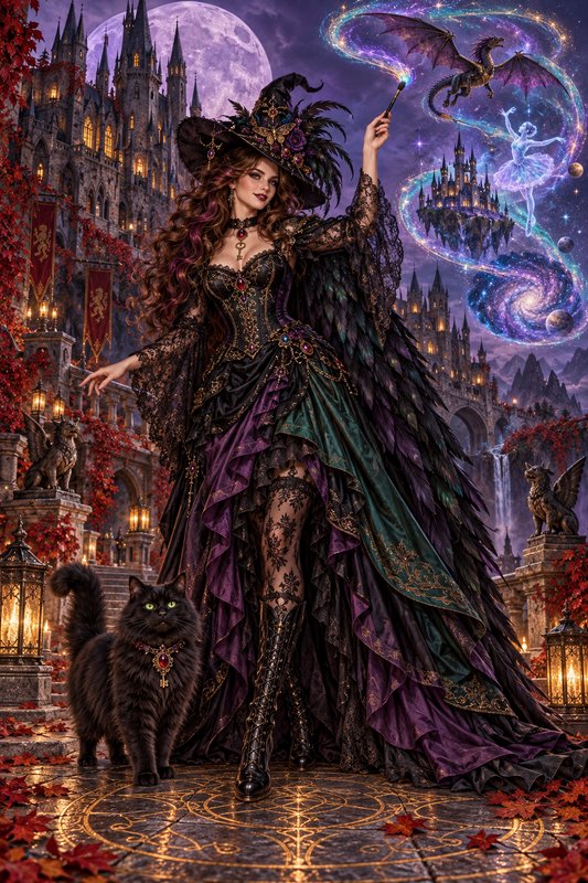 Ornate gothic witch stands with her black cat familiar casting magic before a fantasy castle unde...