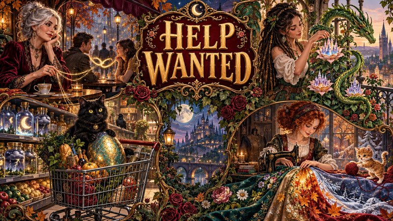 Ornate gilded fantasy help wanted illustration surrounded by magical shop characters, creatures a...