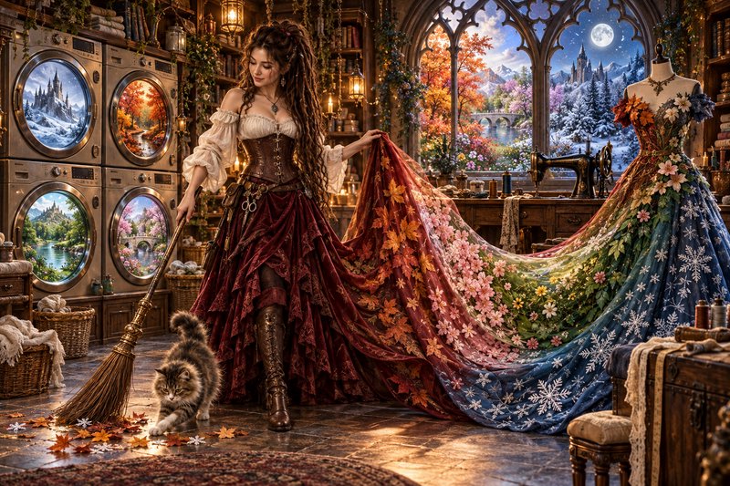 Fantasy seamstress holds a flowing four seasons gown in an enchanted cottage with a fluffy tabby ...