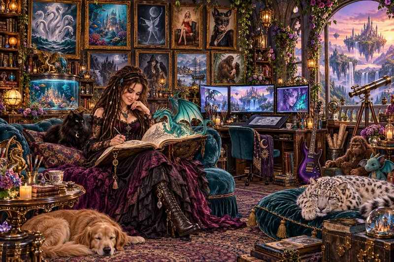 Fantasy artist sketches in an ornate grimoire surrounded by magical pets in an enchanted tower study