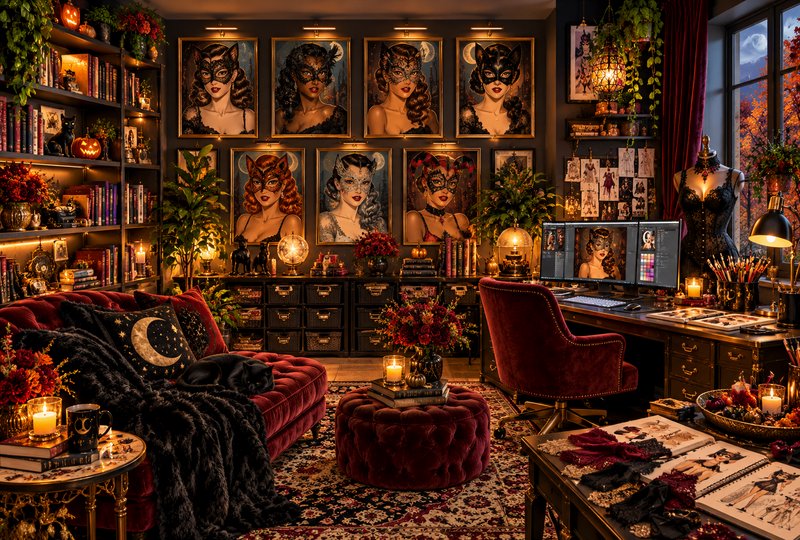 Cozy gothic maximalist artist home office with velvet furniture, a napping black cat, and framed ...