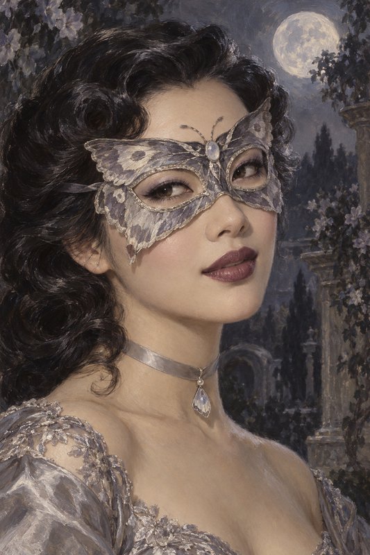 Elegant woman wearing a butterfly masquerade mask posed before a moonlit night garden backdrop