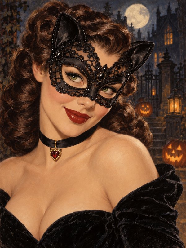 Glamorous retro pinup woman wearing a black lace cat mask against a moonlit Halloween haunted hou...