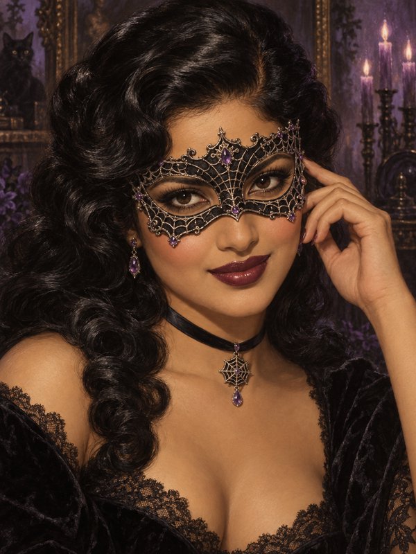 Elegant woman wearing a jeweled spiderweb masquerade mask in a gothic themed portrait