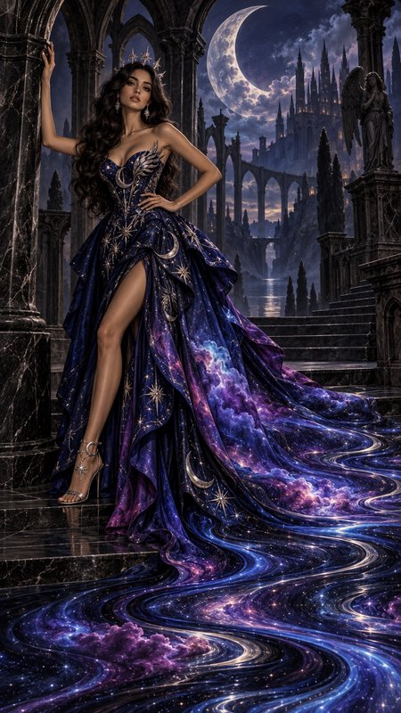 Woman in an embroidered celestial galaxy gown poses on a gothic terrace under a glowing crescent ...