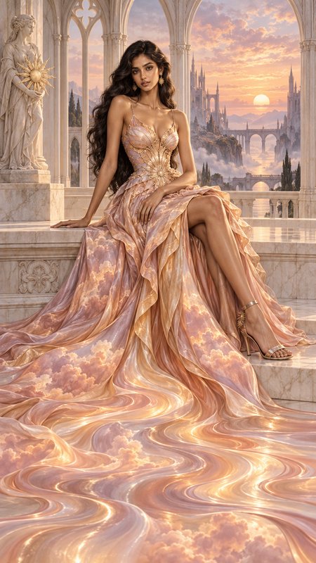 Elegant woman in a flowing celestial gown sits on a marble terrace overlooking a fantasy castle a...