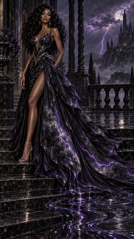 Model in an ornate dark purple fantasy gown stands on a marble castle terrace under a stormy full...