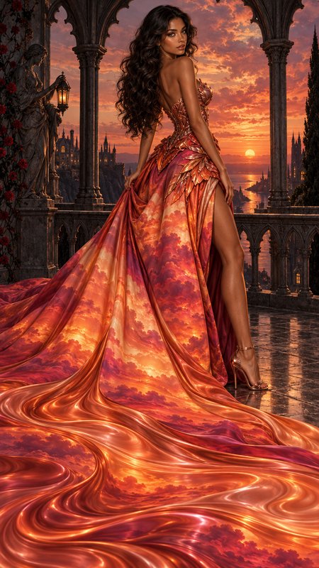 Woman in a fiery sunset print ballgown poses on a gothic castle balcony at golden hour