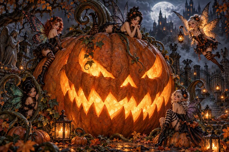 Cute gothic Halloween fairies gathered around a giant glowing grinning jack-o'-lantern under a fu...