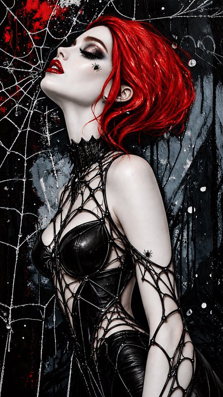 Pale gothic woman with bright red hair wears a spiderweb harness against a cobweb backdrop