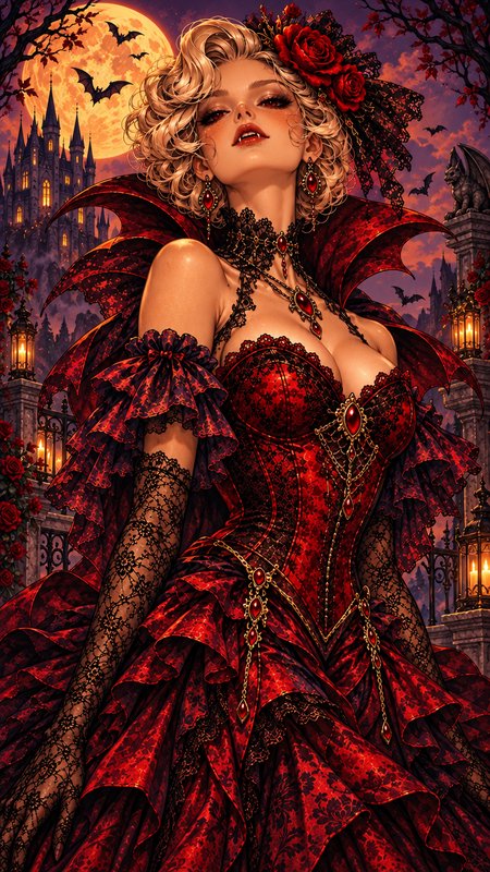 Regal blonde vampire in an ornate red lace gown stands beneath a full moon by a gothic castle