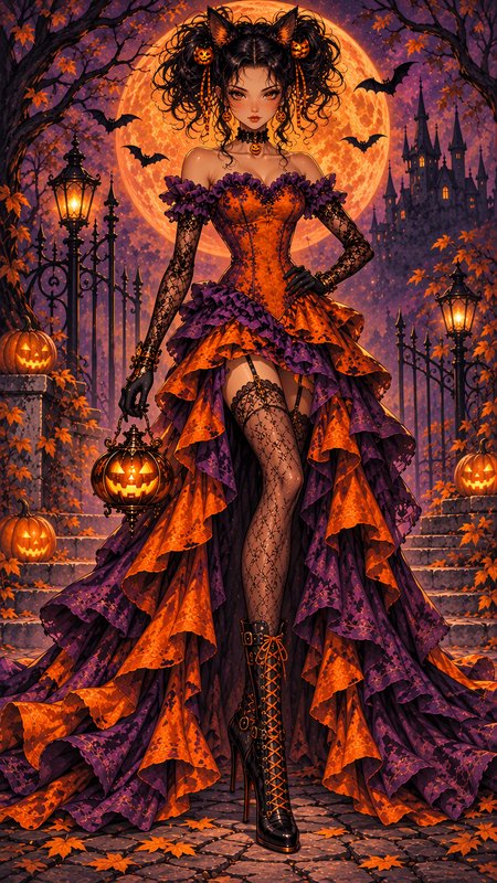 Glamorous anime cat-eared Halloween woman holding a jack-o'-lantern under a glowing full orange moon