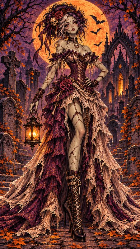 Stitched gothic fantasy woman holds a glowing lantern while standing in a moonlit autumn graveyard.