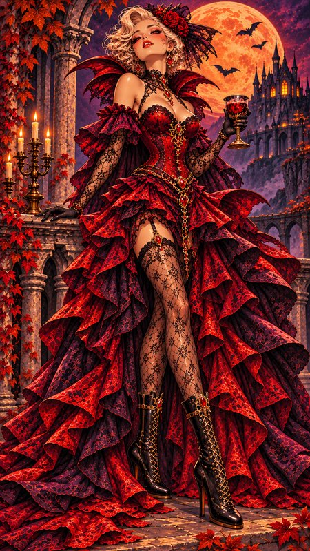 Glamorous blonde vampire in an ornate red lace gown holds a wine glass under a glowing blood moon