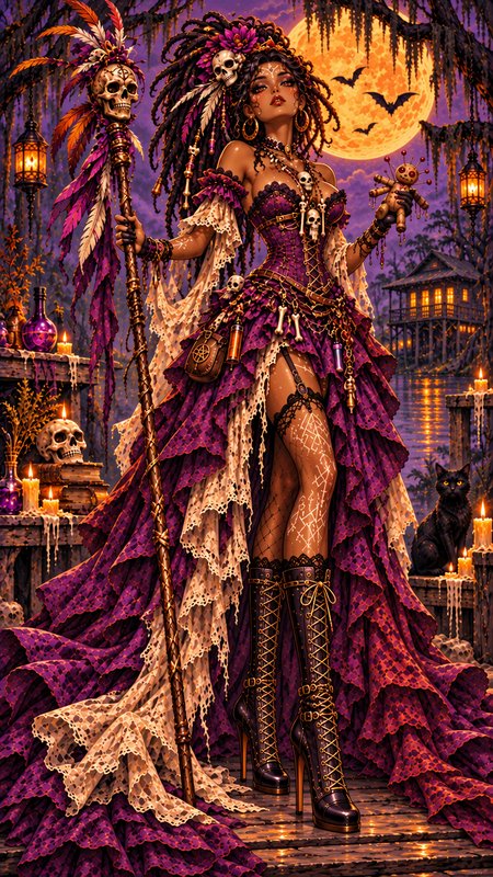 Voodoo priestess stands on a misty swamp dock holding a skull staff and voodoo doll under a glowi...