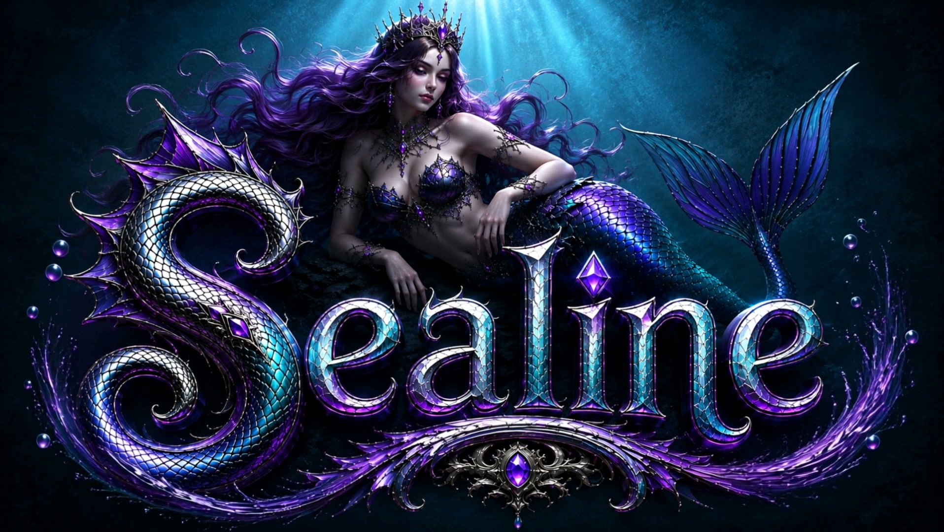 Underwater scene with a regal purple mermaid, crown and jewelry, beside ornate iridescent lettering.