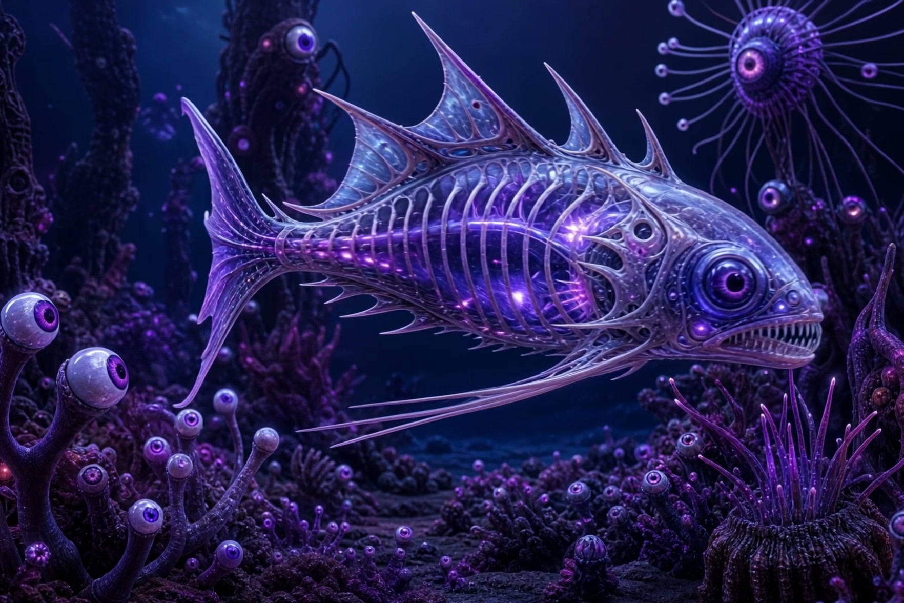 Bioluminescent, skeletal purple fish-like creature swimming among otherworldly coral in a dark un...