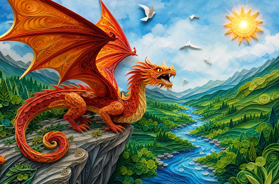 Red dragon perched on a rocky cliff overlooking a green valley and winding river.
