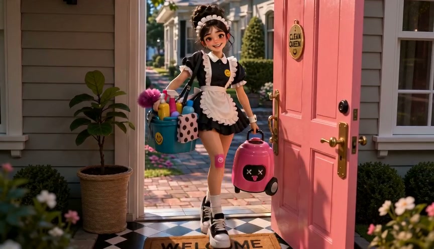 A young performer in a black-and-white maid outfit enters through a pink door with cleaning suppl...