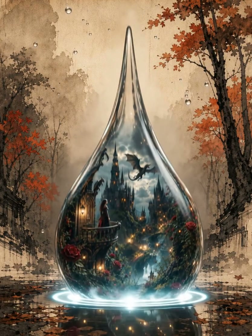 Glass teardrop containing a magical castle, dragon, and a woman amid autumn trees.