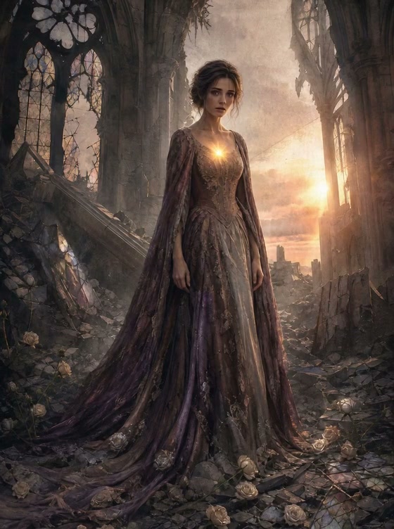A woman in a long, purple-gray fantasy gown stands amid ruined cathedral ruins bathed in glowing ...