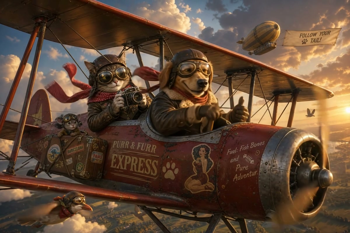 Animated biplane with dog and cat pilots flying at sunset, banner in the sky.