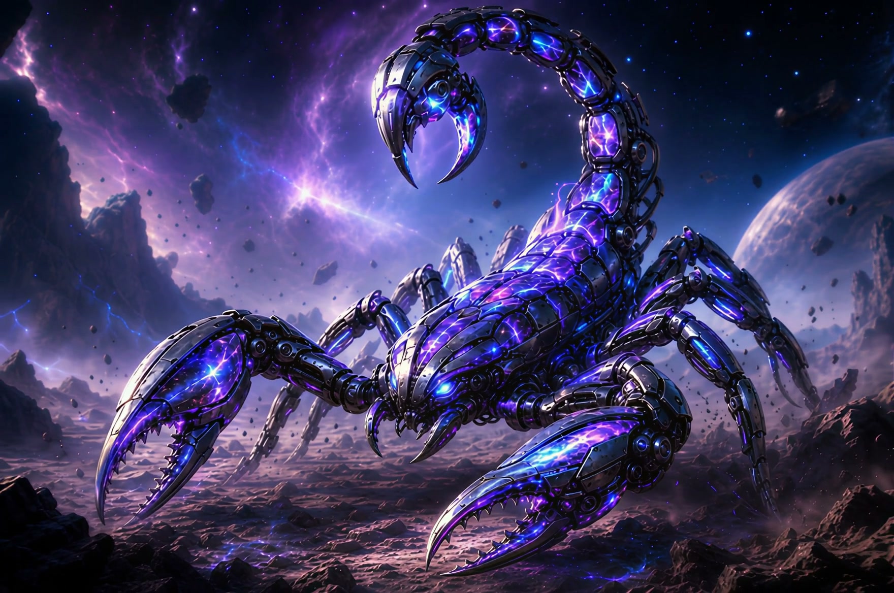 Metallic, neon-purple robotic dragon curled in a space scene with a starry nebula backdrop