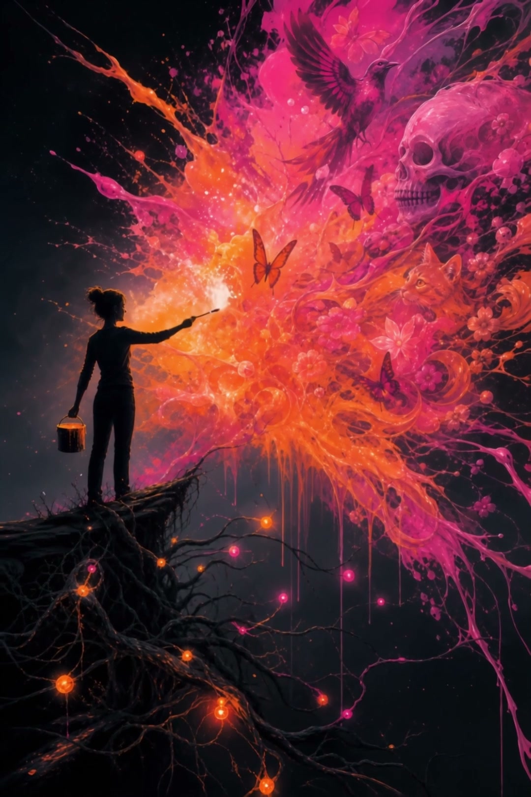 Silhouette painter on a cliff conjures a vibrant pink-orange surreal explosion with skull and but...