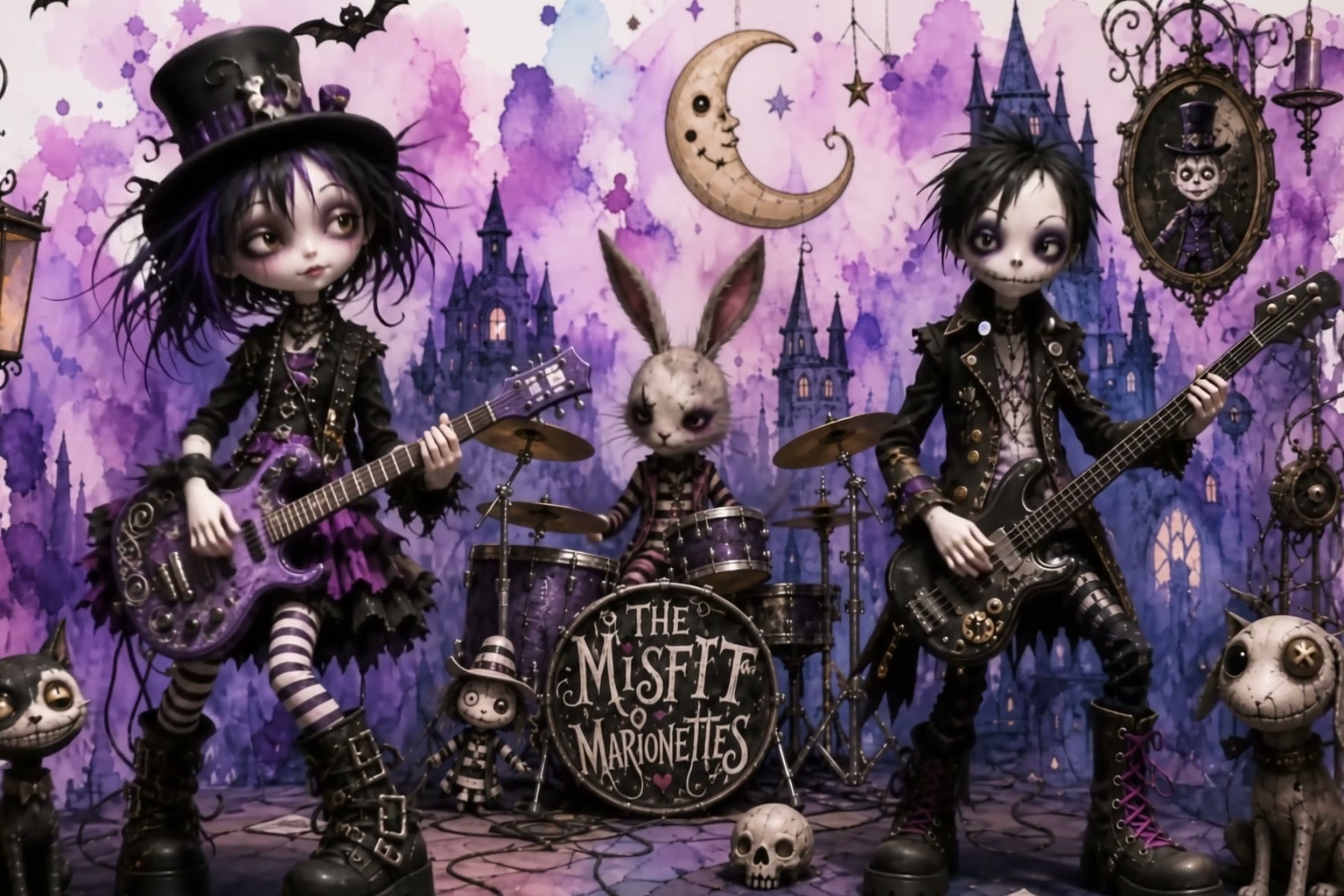 Gothic marionette band The Misfit Marionettes play rock instruments in a spooky purple watercolor...