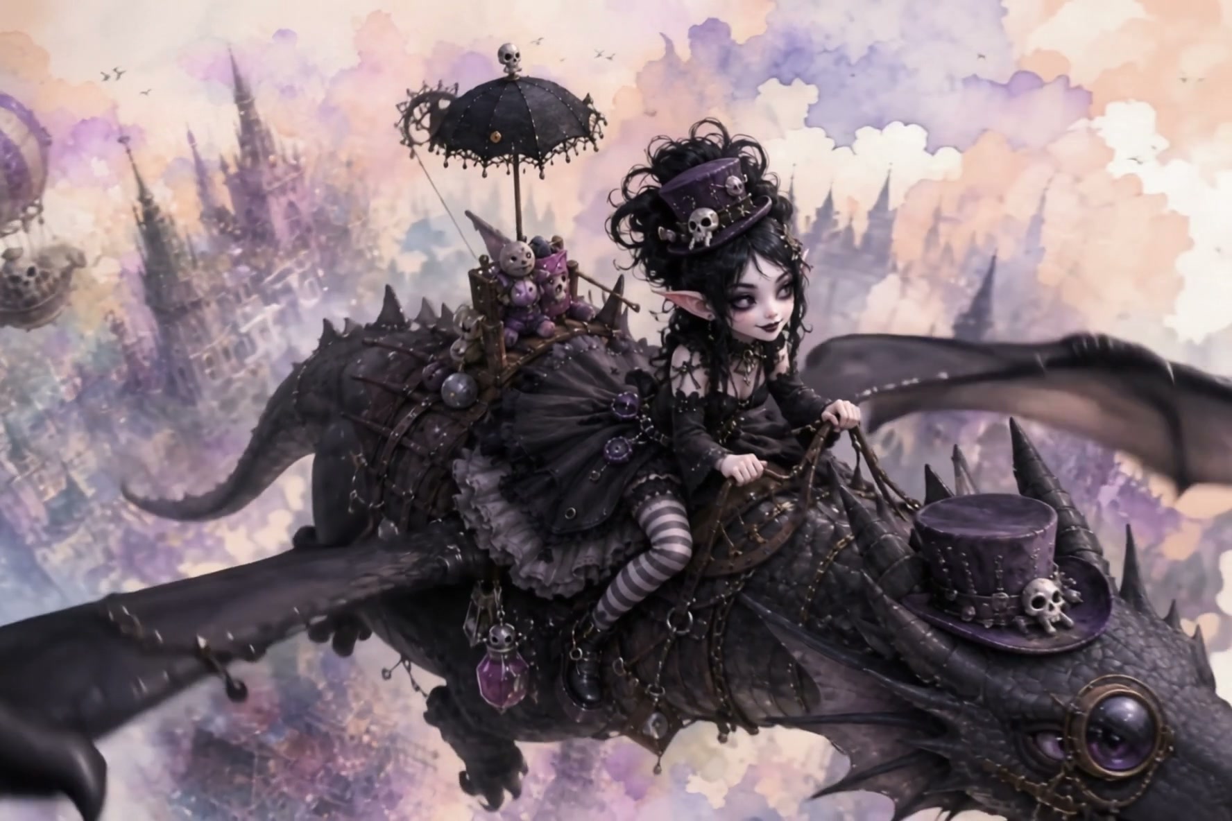 Gothic elf girl rides a steampunk dark dragon over a fantasy spire city, with skull-adorned gothi...