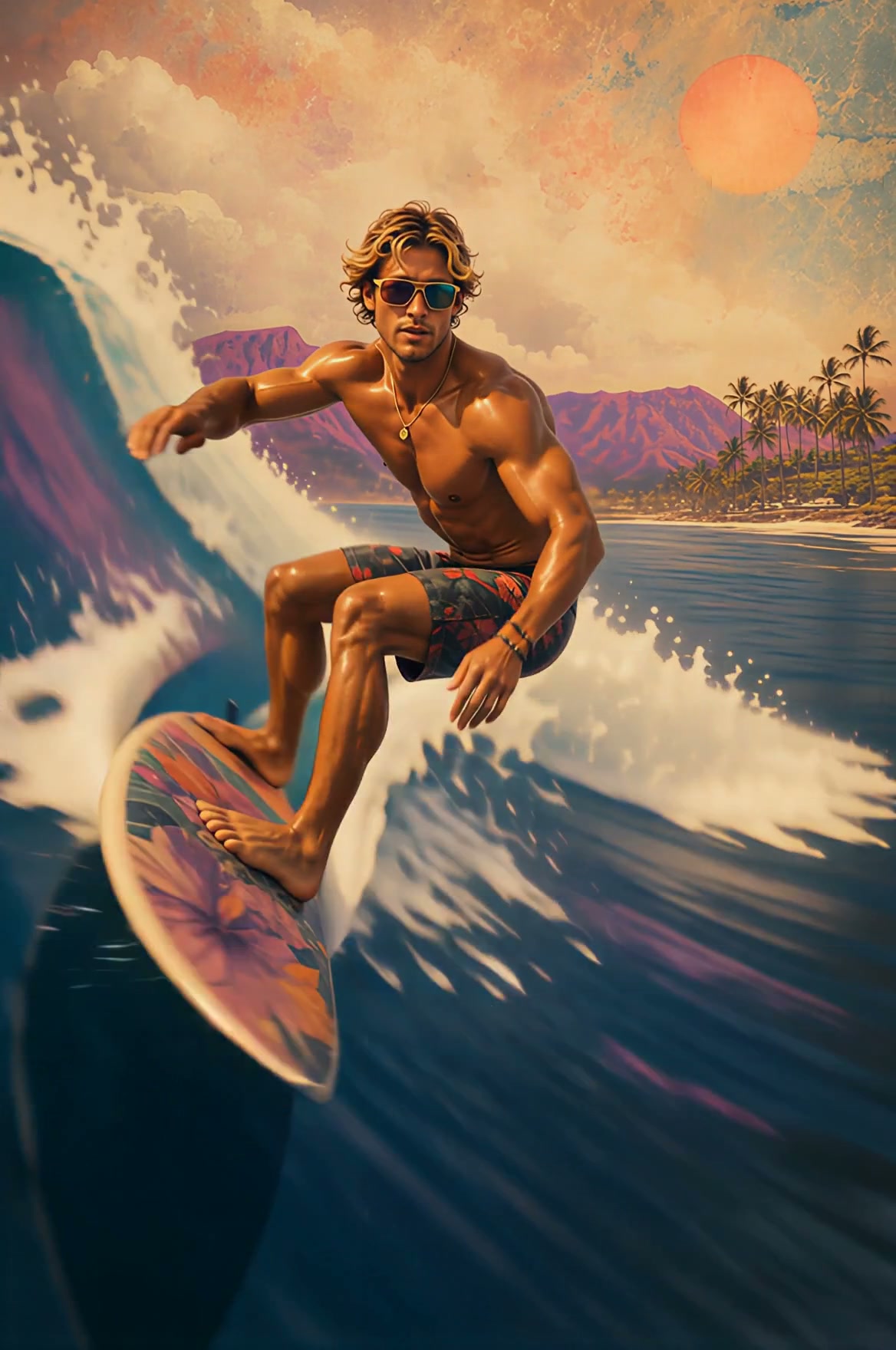 Muscular shirtless male surfer in sunglasses rides a large ocean wave, with a tropical sunset, pa...