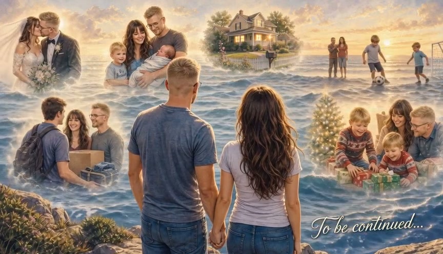 A couple holds hands on a shore, watching their life milestones (wedding, family, holidays) float...