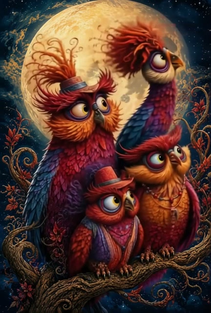Four whimsical stylized owls with bright red crests, some wearing hats, perched on a twisted bran...