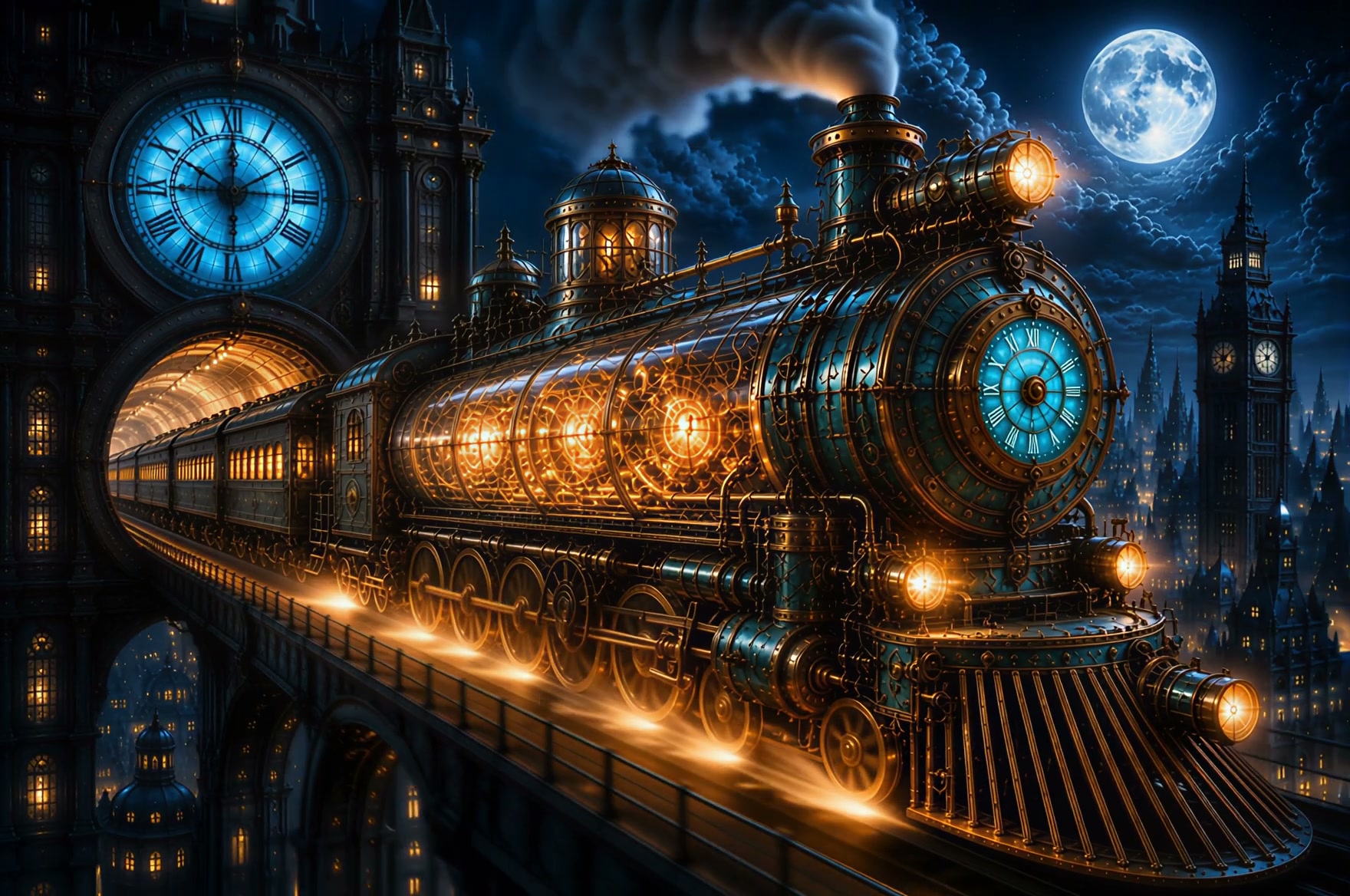 Ornate steampunk clockwork locomotive exiting a gothic clock tower station, speeding over a Victo...