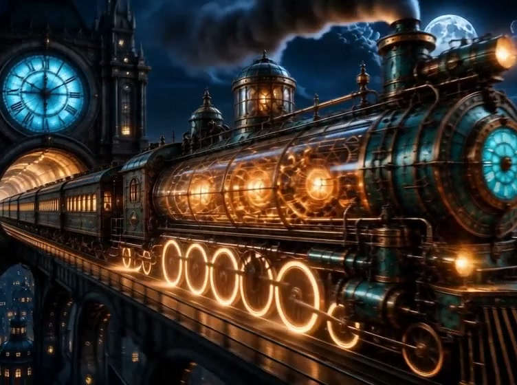 Steampunk locomotive with glowing brass gears travels on an elevated night track beside a glowing...