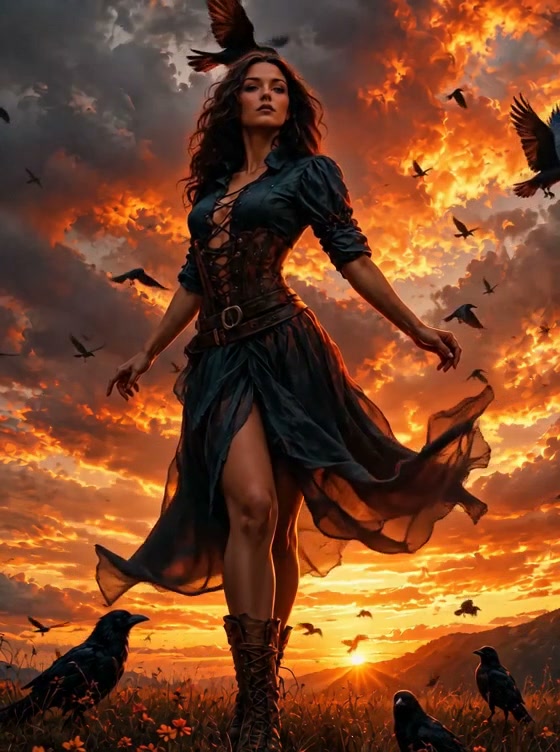 Dark fantasy woman in a lace-up corset dress stands in a meadow at fiery sunset, surrounded by pe...