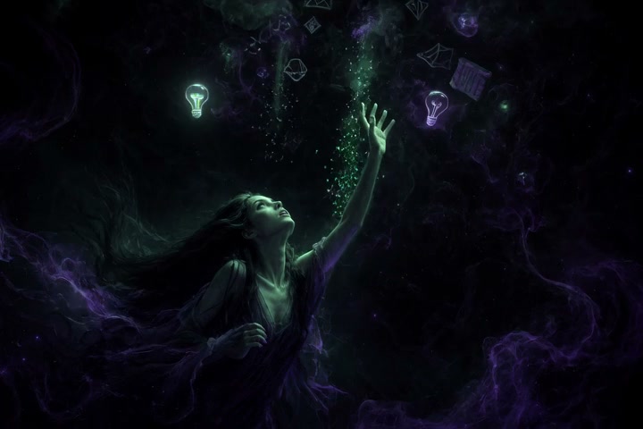 Ethereal long-haired woman reaches upward toward floating glowing lightbulbs and sparkling magic ...