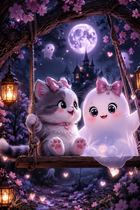 Adorable chibi kitten and pink-bowed cute ghost sit on a blossom-framed swing under a glowing ful...
