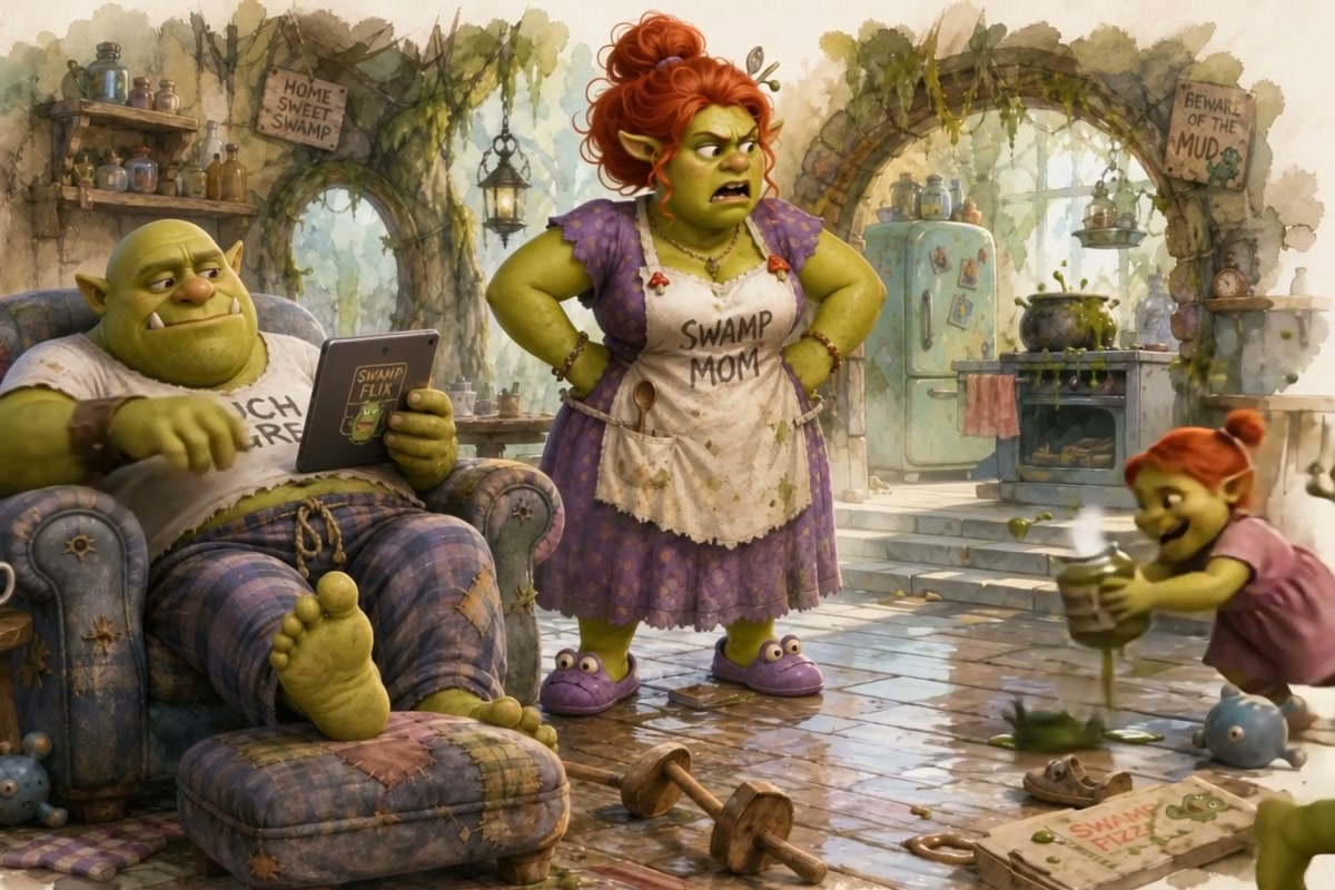 Green ogre family in messy swamp cottage: dad relaxes with a tablet, annoyed mom stands hands on ...