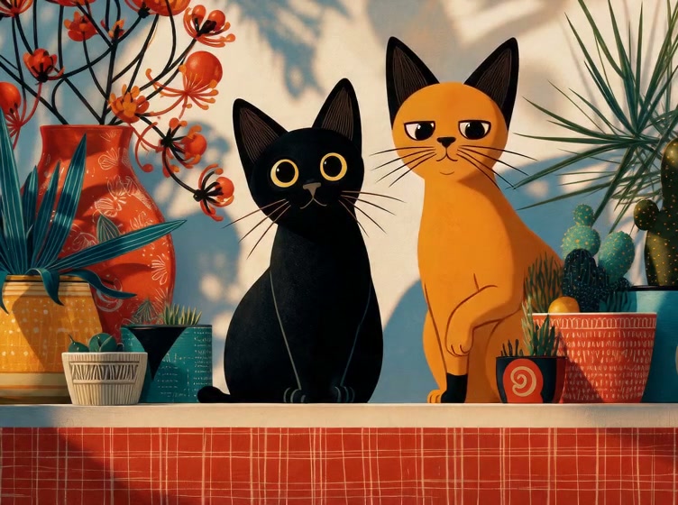 Stylized midcentury illustration of a wide-eyed black cat and relaxed orange cat sitting side by ...