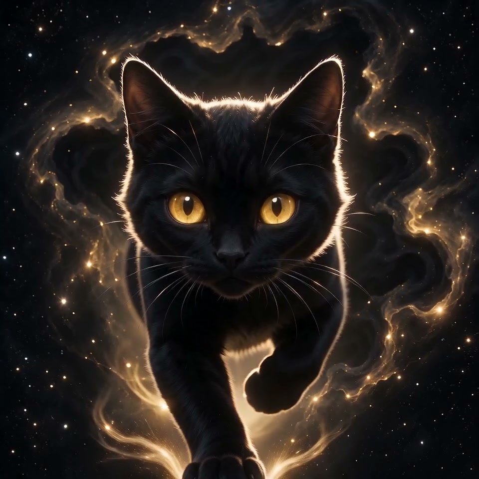 Sleek black cat with bright golden eyes walks toward the viewer, surrounded by swirling glowing c...