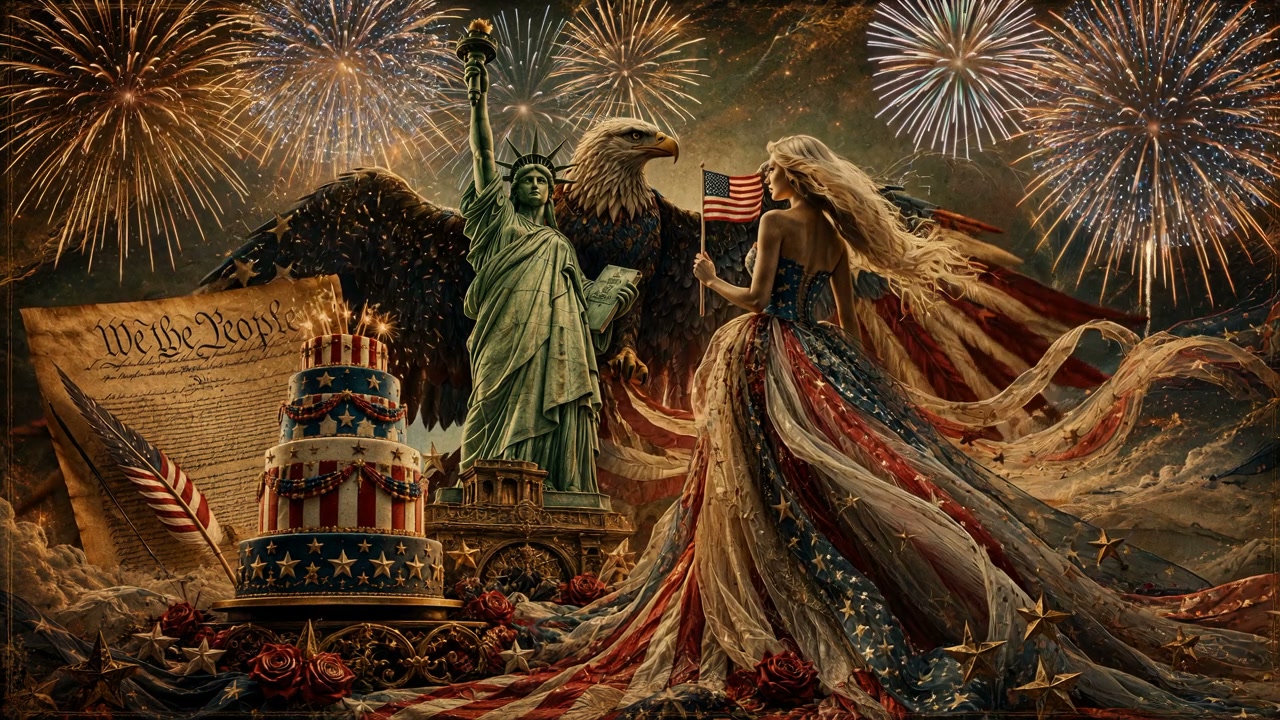 Allegorical patriotic USA illustration featuring Statue of Liberty, bald eagle, fireworks, and ic...