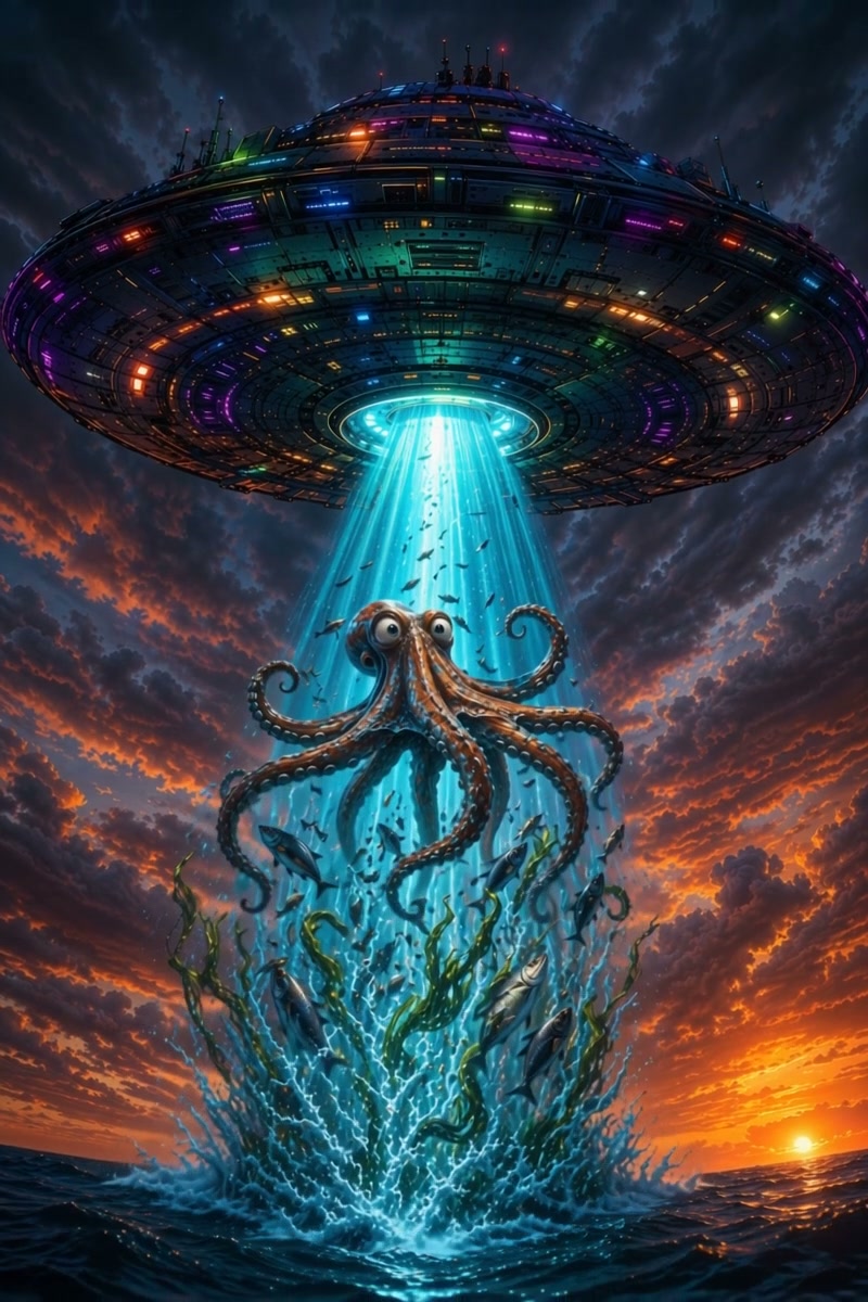 Neon-lit flying saucer uses a glowing abduction beam to lift a giant octopus from the ocean at fi...