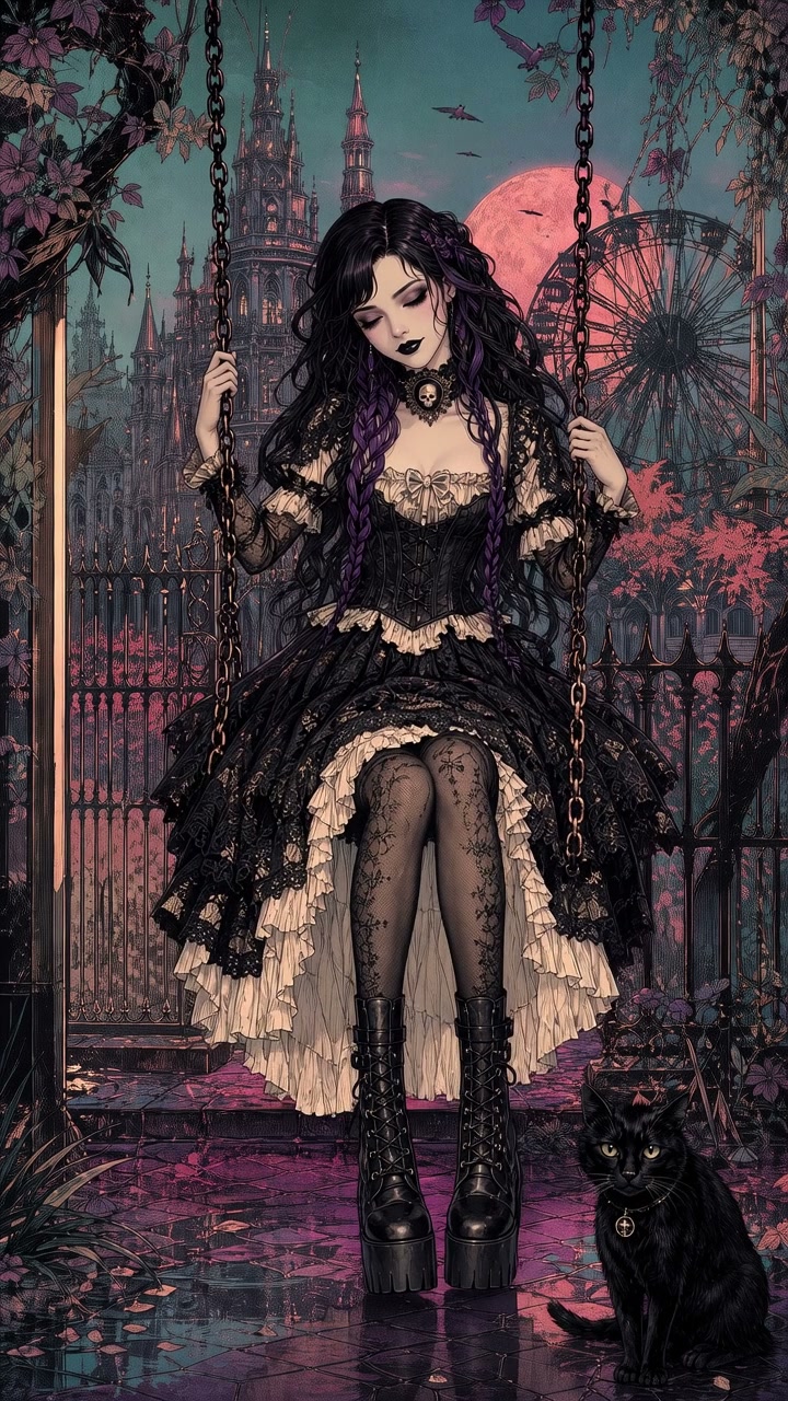 Gothic lolita girl sits on a chain swing beside a black cat, with a pink moon and gothic fantasy ...