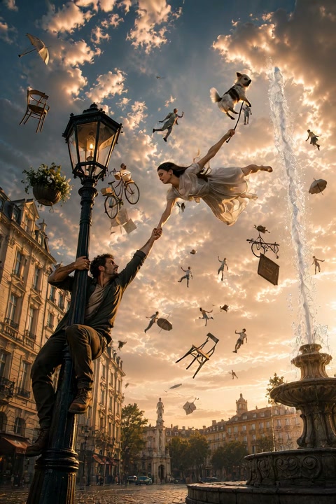 Surreal fantasy scene: man clinging to a street lamp reaches for a floating woman, with people an...