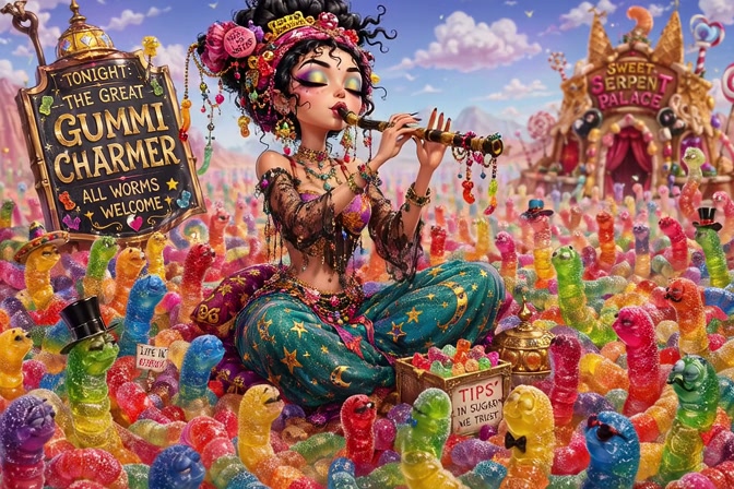 Stylized Great Gummi Charmer plays flute for a crowd of colorful anthropomorphic gummy worms in a...