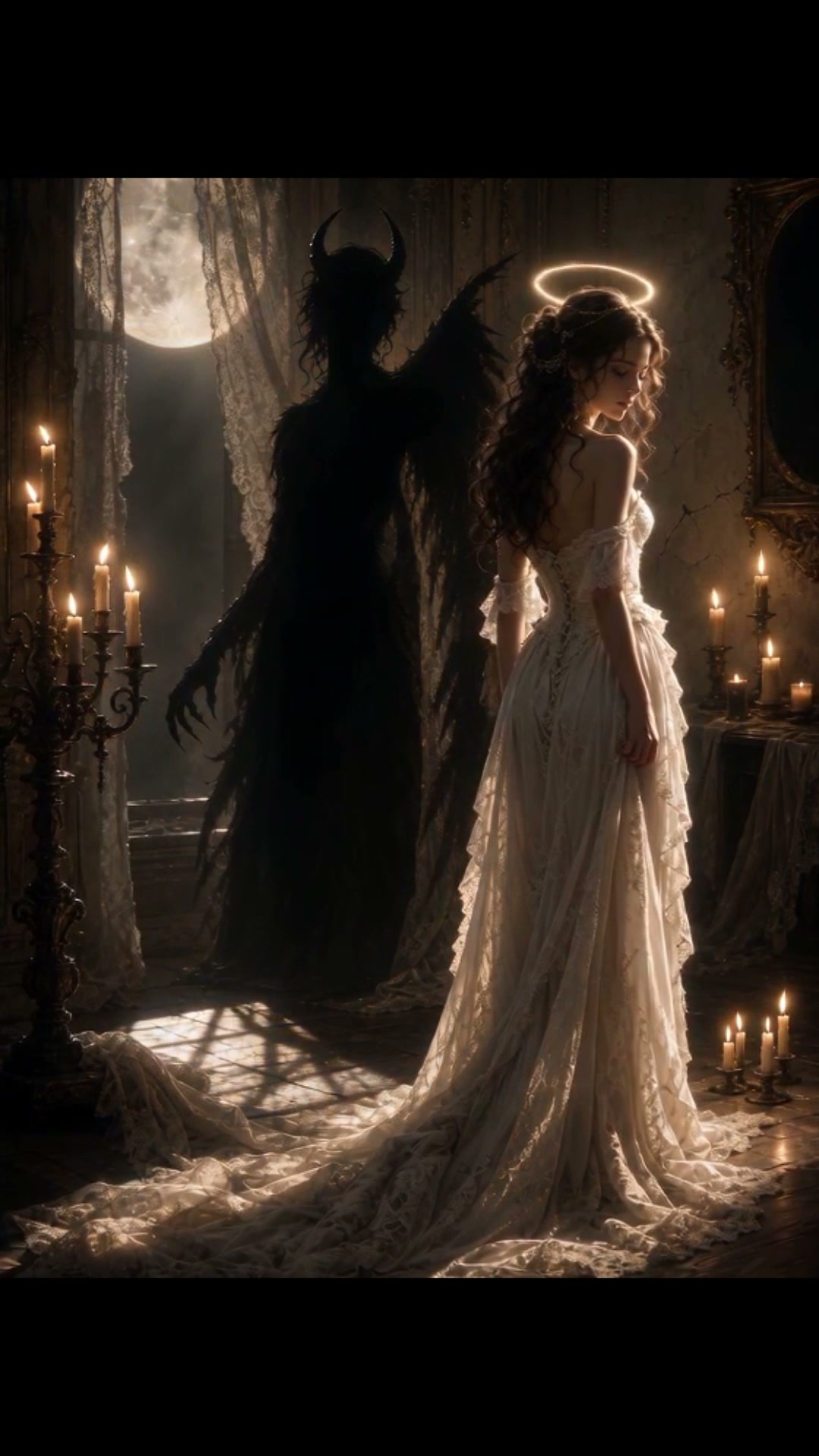 Ethereal haloed angel in a lace wedding gown stands beside a silhouetted horned demon in a candle...