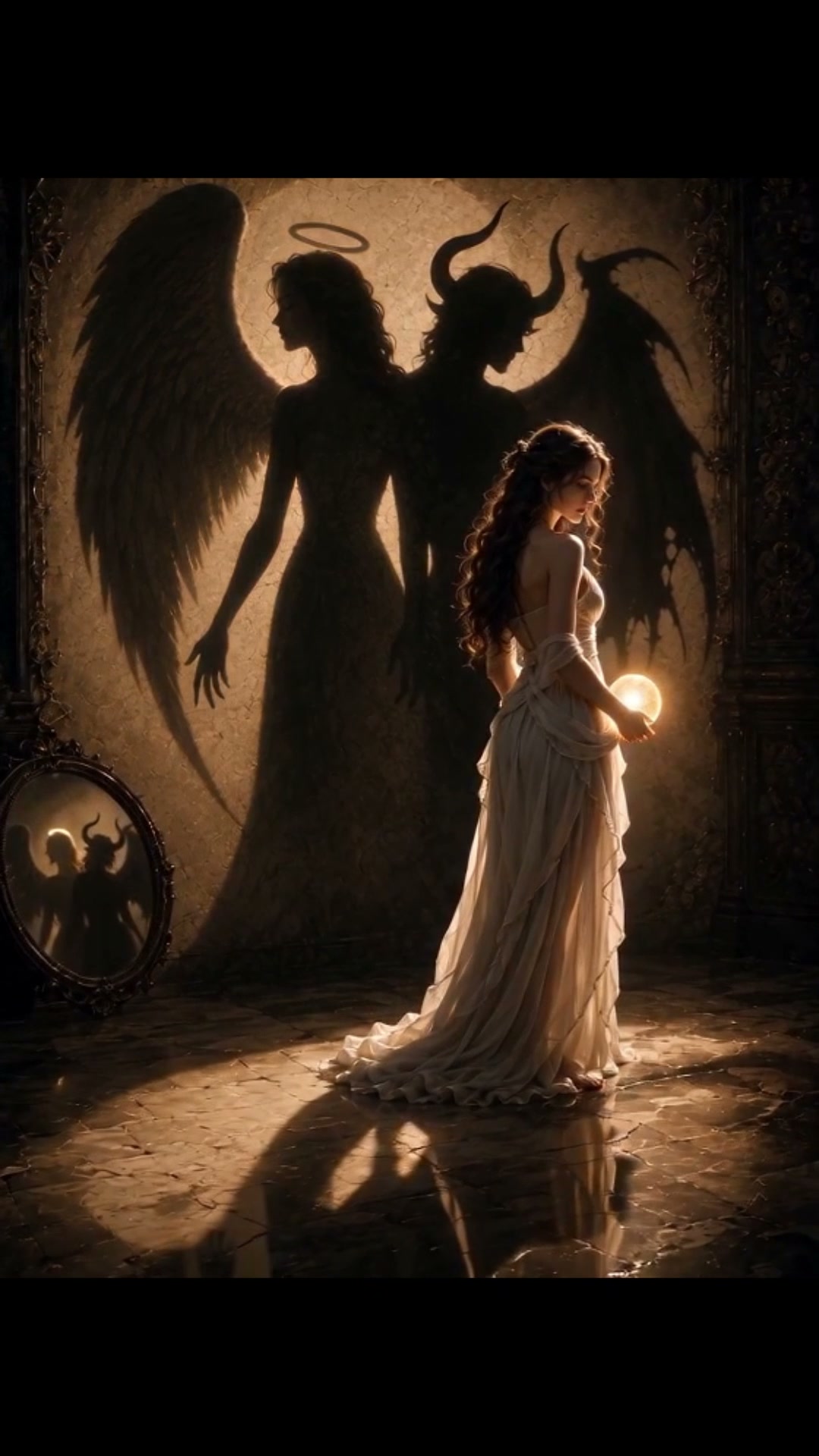 Woman holding a glowing orb casts dual angel and demon silhouettes on the wall behind her in an o...