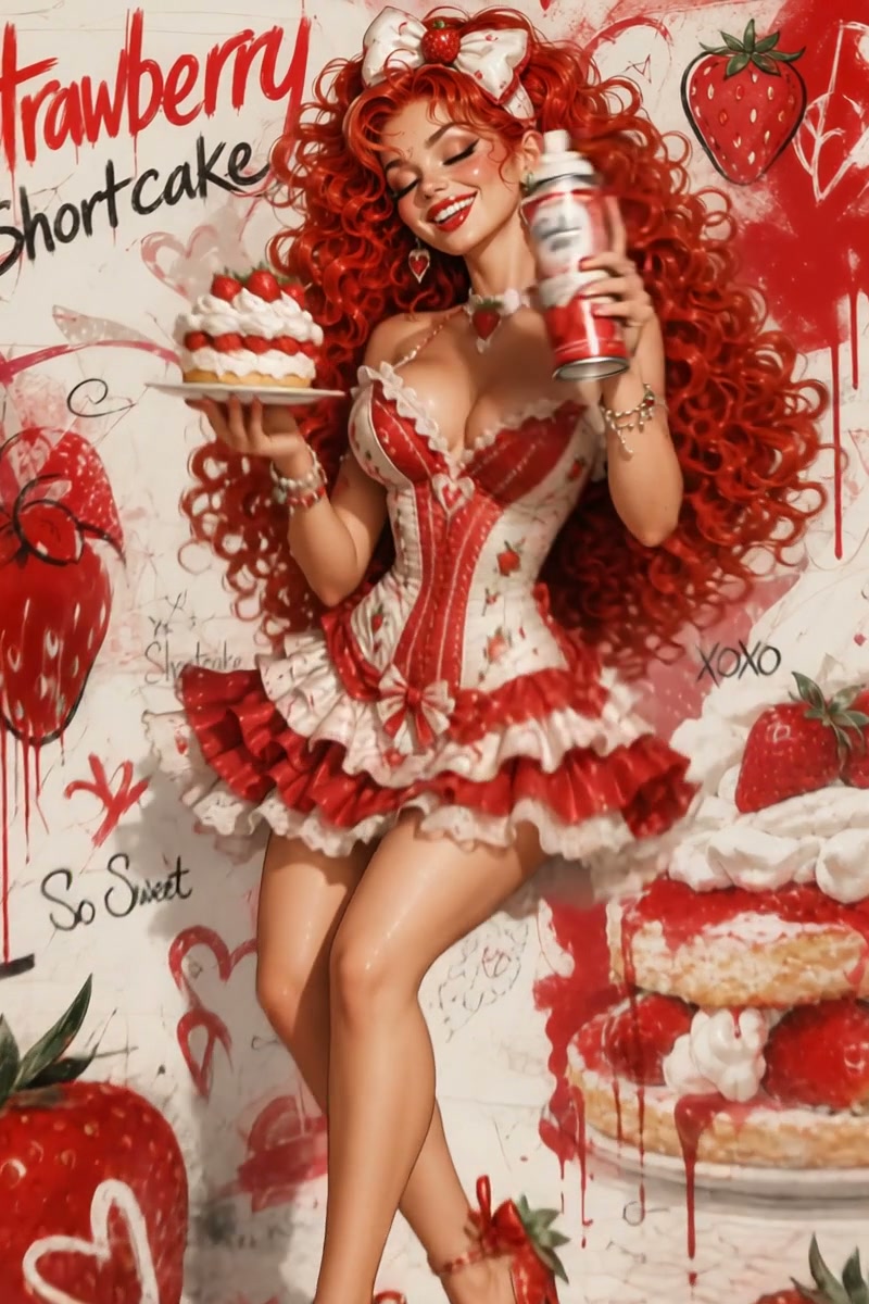Whimsical pinup woman with curly red hair holds strawberry shortcake and a spray can against a st...